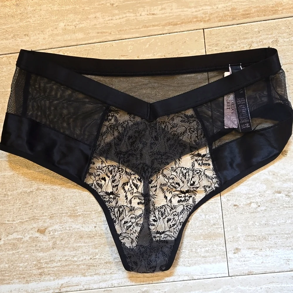 NWT Victoria's Secret Black Lacey Tiger Design High-waisted Thong Panties - Picture 1 of 9